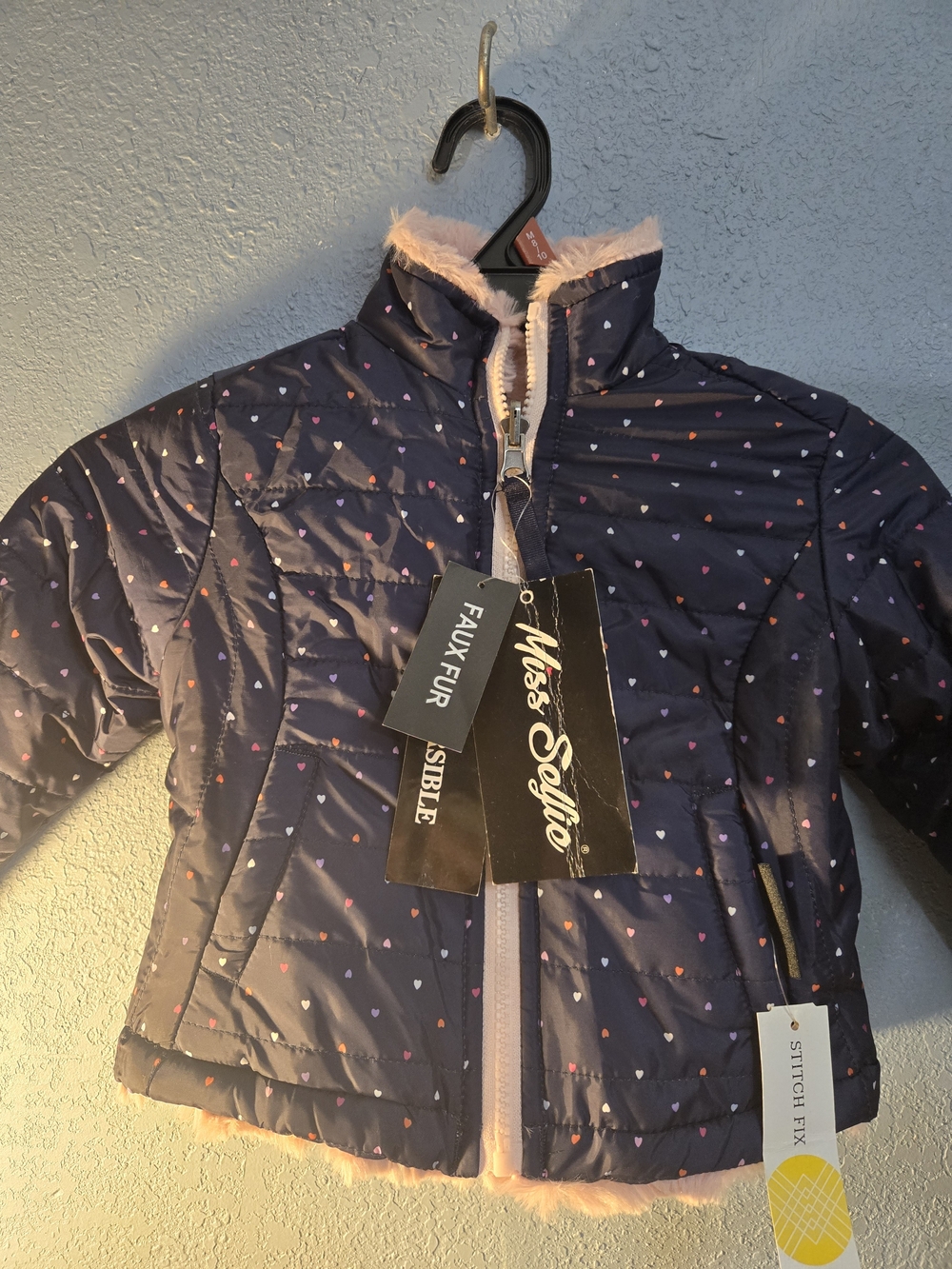 Miss Sofia Navy Heart Print Puffer Jacket with Pink Faux Fur